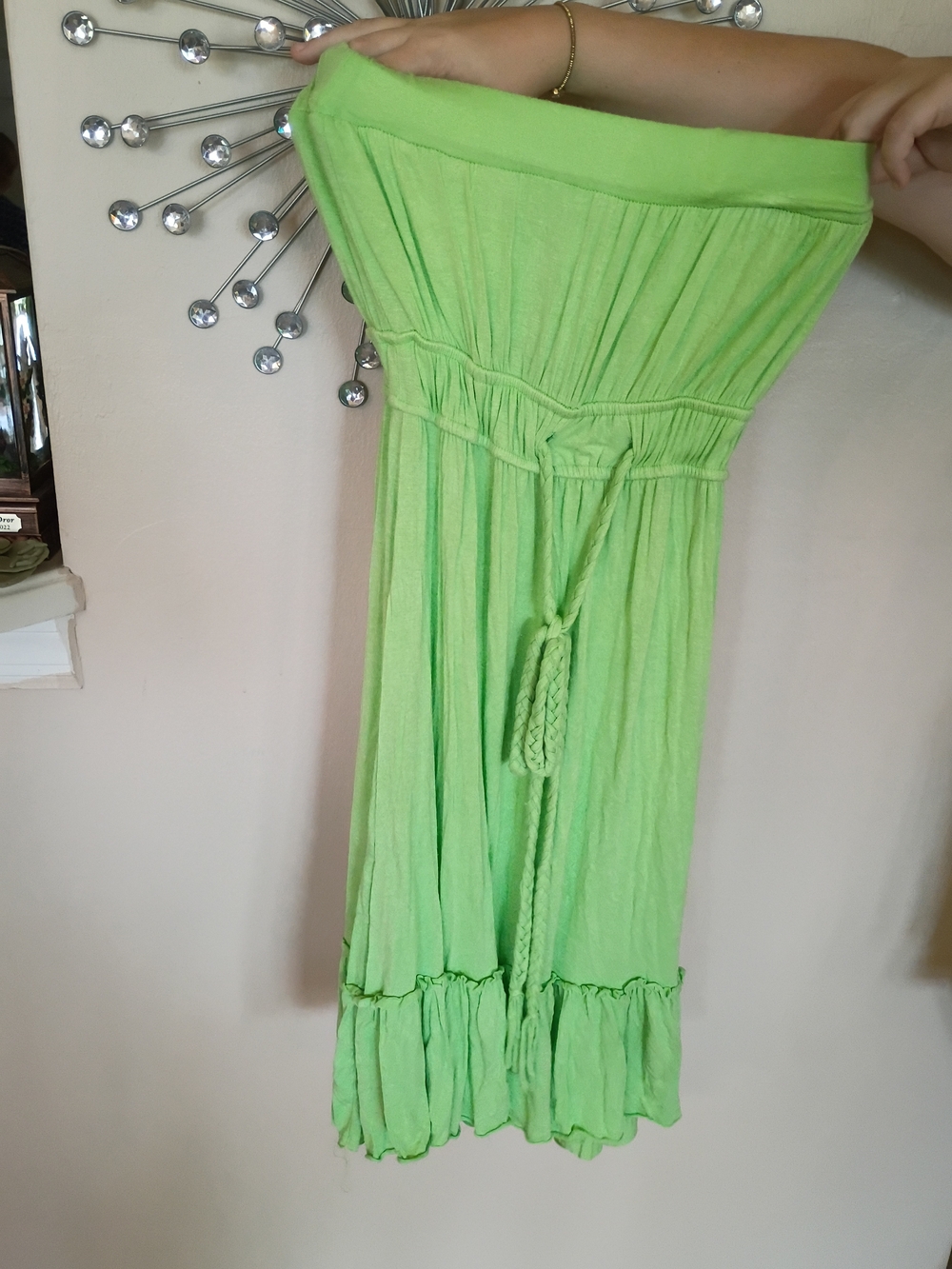 Strapless Lime Green Knee Length Dress with Braided Tie